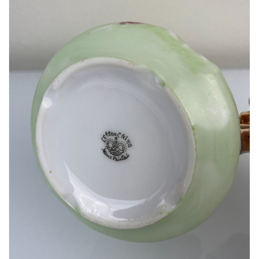 Lefton China Hand Painted Green & Pink Rose Teacup & Saucer Set, Gold Vintage - Picture 14 of 16